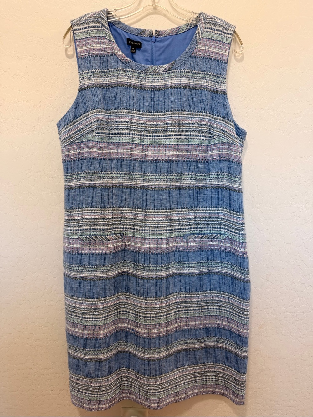Talbots Blue purple Tweed Striped Sleeveless Lined Sheath Dress sz 14 round neck